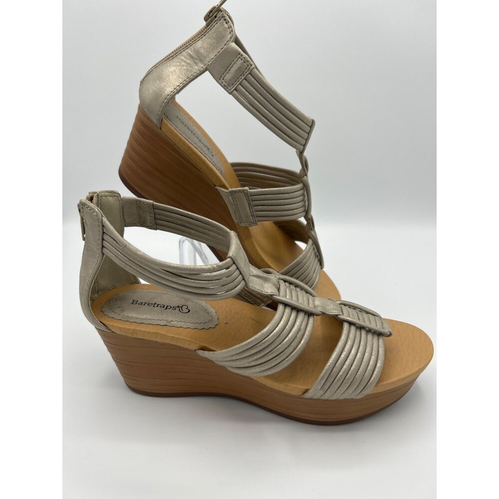Baretraps Women's Strappy Stetchy Wedge Sandals Size 8M Gray Metallic